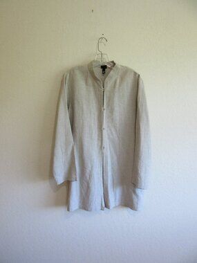 EILEEN FISHER Gray Asian Theme Button L Long Sleeve Overcoat Tunic